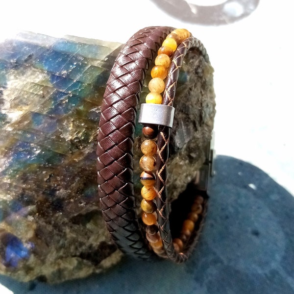 Bracelet homme tresse large en cuir et oeil de tigre, bracelet pierre naturelle réglable.