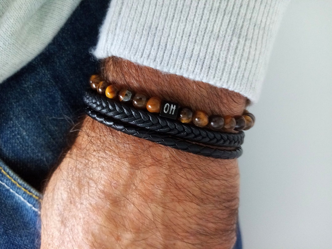 Bracelet Articulé Unique En Cuivre Et Bois Gravé - Pierres Naturelles, Style Rétro - Occasion Parfait état