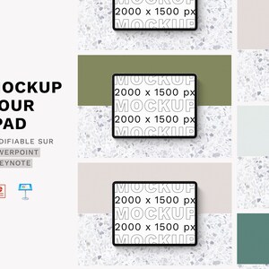 May include: A mockup of an iPad on a white background with a terrazzo pattern. The iPad is black with a white screen and the text "MOCKUP 2000 x 1500 px" is displayed on the screen. The text "MOCKUP POUR IPAD" is displayed in black text on the left side of the image. The text "MODIFIABLE SUR POWERPOINT & KEYNOTE" is displayed in black text below the iPad mockup. The image also includes icons for PowerPoint and Keynote.