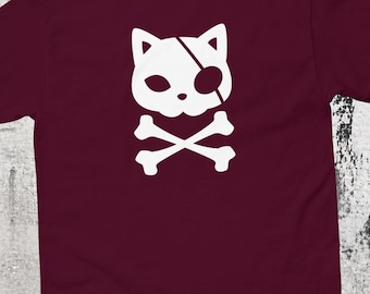 Camiseta de gato pirata, ropa kawaii adorable y espeluznante, camiseta unisex Jolly Roger, estampados de moda alternativa y moderna.