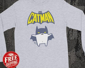 Divertente maglietta a maniche lunghe con gatto, maglietta unisex Catman, regali per nerd, regalo per amanti dei gatti