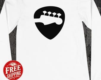 Maglietta a maniche lunghe con stampa di un basso elettrico, regalo per musicisti, maglietta con grafica di un plettro per chitarra elettrica