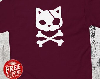 Pirate Cat Shirt, Creepy Cute Kawaii Clothes, Jolly Roger Unisex Tshirt, Alt Fashion Trendy Prints