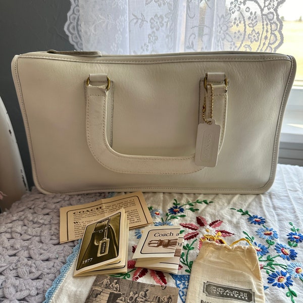 Stunning Authentic Vintage Coach 70s Top Handle Clutch Satchel Bag in Winter White! Original Paperwork. Style #9425. Made in NYC!