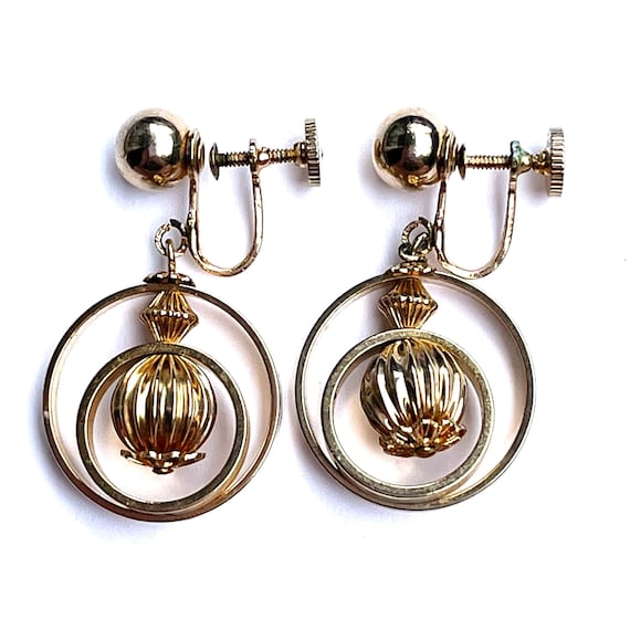 Vintage Coro Script Gold Tone Dangle Abstract Circle Within Circle Screw  Back Earrings 