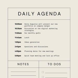 May include: A daily agenda planner with a black and white design. The planner includes a schedule for the day, a notes section, and a to-do list.