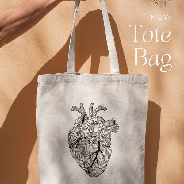 Heart Lines Cotton Canvas Tote Bag | Anatomy Illustration Tote | Reusable Cotton Bag | Med Student Gift | Doctor Gift | Cardiology sketch