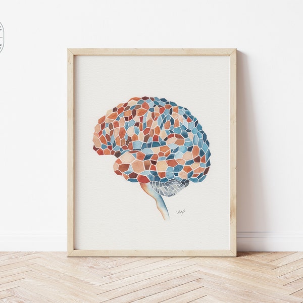 Impresión de acuarela de mosaico cerebral, Arte de anatomía, Pintura cerebral, Regalo médico, Ilustración de acuarela, Arte de pared de medicina, Arte cerebral