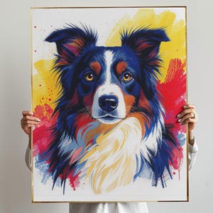 May include: A framed art print featuring a colorful illustration of a dog's face. The dog has blue, brown, and white fur with yellow eyes. The background has splashes of yellow and red paint. The frame is gold.