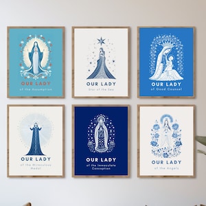 Modern Christian Art Our Lady of Guadalupe Set of 6 Prints, Gallery Wall Set Colorful Virgin Mary Traditional Catholic Icon Set of Six Print