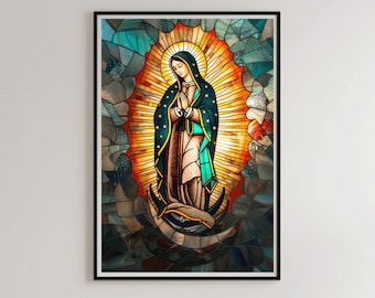 Peinture sur vitrail Notre-Dame de Guadalupe, affiche artistique colorée de fenêtre d'église avec plomb de la Vierge Marie, oeuvre d'art imprimable de la Vierge mexicaine