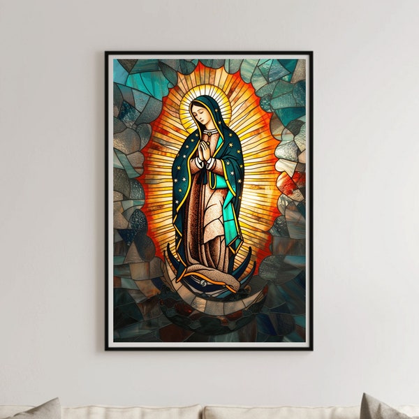 Peinture sur vitrail Notre-Dame de Guadalupe, affiche artistique colorée de fenêtre d'église avec plomb de la Vierge Marie, oeuvre d'art imprimable de la Vierge mexicaine