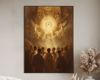 May include: A painting depicting a group of people looking up at a bright light emanating from a heart-shaped object surrounded by angels. The painting is framed and hanging on a wall in a living room setting.