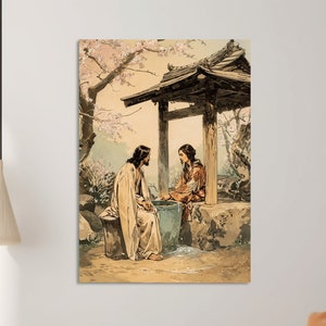 Japanese Jesus and Samaritan Woman at the Well, John 4 Bible Verse Painting, Ukiyo-e Ito Shinsui Printable Asian Scripture Wall Decal Gift