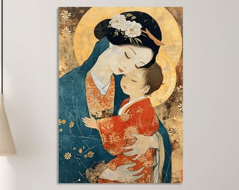 Japanese Painting on Silk Madonna With Kimono and Flower