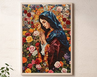 Saint Therese of Lisieux Arabesque Artwork, Little Flower Rose Pattern Mosaic Design Poster, Printable Floral Little Way Spiritual Download