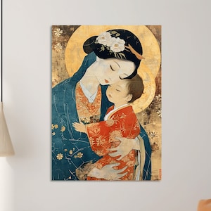 Japanese Vintage Madonna and the Child Jesus Christ Illustration by Ito Shinsui, Traditional Ukiyo-e Religious Asian Virgin Mary Artwork