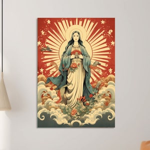 Plakat vintage Matki Bożej Niepokalanego Poczęcia w Japonii, Błogosławiona Matka Jezusa, azjatycka interpretacja dzieła sztuki, Wydrukuj narodziny Marii Dziewicy