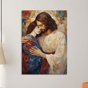 Jesus and Mary Magdalene Spiritual Hug Gustav Klimt Modern Christian Art, Sacred Love Religious Download, Divine Embrace Catholic Art Print
