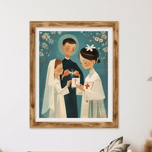 Afdrukbaar kind dat de heilige eerste communieposter ontvangt, Eucharistie Monstrance kinderkameruitnodiging, Jezus Christus kwekerij speelkamer illustratie