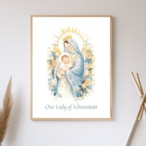 Impresión de arte católico imprimible de Nuestra Señora de Schoenstatt, obra de arte de la pared de la Santísima Virgen María y el Niño Jesús, ilustración de la Virgen y el Niño Cristo