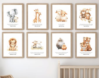 Aquarell Bibel Vers Aufkleber Arche Noah Kinderzimmer Galerie Wandset mit 8 Drucken, moderne christliche Kunst Dschungel Thema Kinderzimmer Schrift Wandtattoo