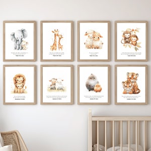 Watercolor Bible Verse Decal Noahs Ark Nursery Gallery Wall Set of 8 Prints, Modern Christian Art Jungle Theme Nursery Scripture Wall Decal