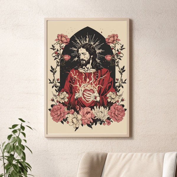 Sacred Heart of Jesus Japanese Artwork, Printable Hanafuda Holy Card Poster, Asian Christ Flaming Heart Portrait, Godly Divine Light Image