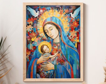 May include: A framed art print depicting a religious scene. The artwork features a woman in blue robes holding a child, surrounded by a golden halo and doves. The background is filled with colorful floral patterns.