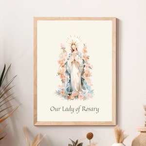Traditional Catholic Icon Our Lady of the Rosary Poster, Printable Watercolor Blessed Virgin Mary Painting,Female Saint Modern Christian Art