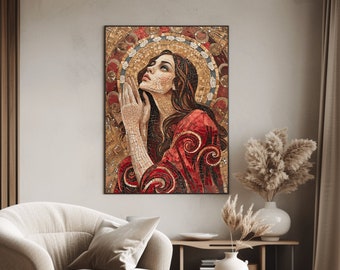 May include: A mosaic artwork depicting a woman with long dark hair wearing a red robe. The woman is looking up and her hands are clasped in prayer. The background is a gold and brown mosaic.