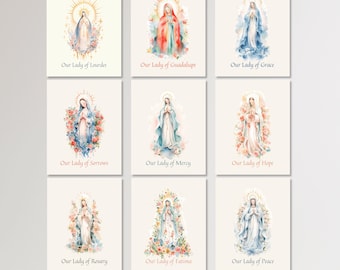 Traditional Catholic Icon Set of 9 Virgin Mary Paintings, Our Lady of Modern Christian Art Prints, Watercolor Religious Wall Art Gallery