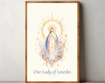 Printable Our Lady of Lourdes Watercolor Painting, Blessed Virgin Mary Modern Christian Art, Catholic Female Saint Divine Feminine Madonna