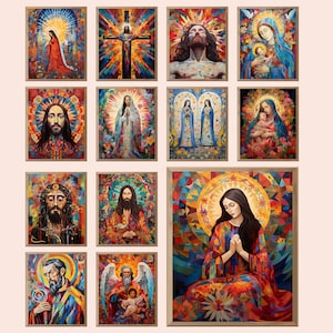 May include: A collage of 12 framed paintings depicting religious figures. The paintings feature a variety of colours and styles, including abstract, realistic, and impressionistic. The figures include Jesus, Mary, and other saints.