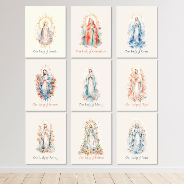 Traditional Catholic Icon Set of 9 Virgin Mary Paintings, Our Lady of Modern Christian Art Prints, Watercolor Religious Wall Art Gallery