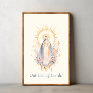 Printable Our Lady of Lourdes Watercolor Painting, Blessed Virgin Mary Modern Christian Art, Catholic Female Saint Divine Feminine Madonna