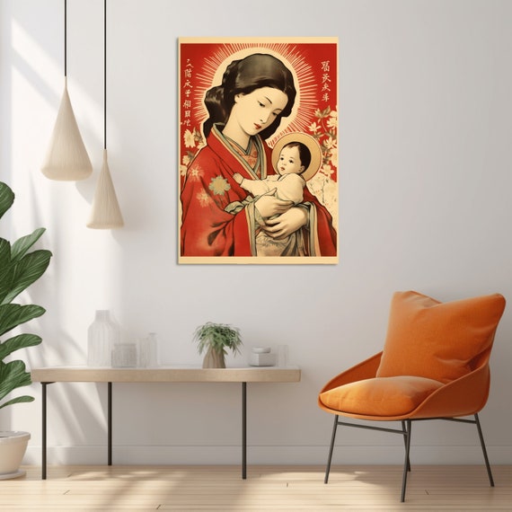 Printable Japanese Madonna and Child Christ Vintage Poster, Virgin