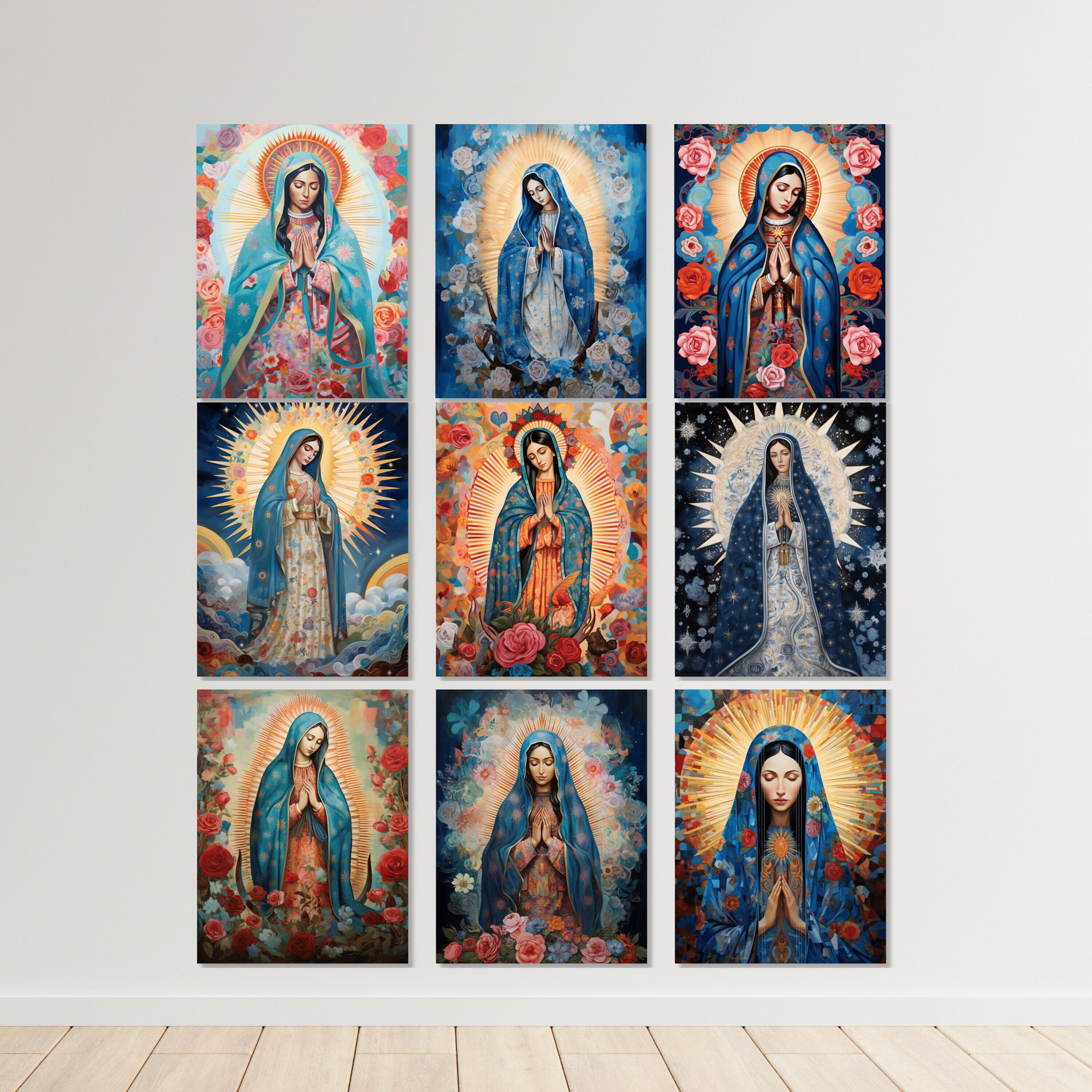 Colorful Gallery Wall Set Virgen de Guadalupe Mexican Folk Art Set of Nine Prints, 9 Printable Modern Christian Art Altar Table Home Decor
