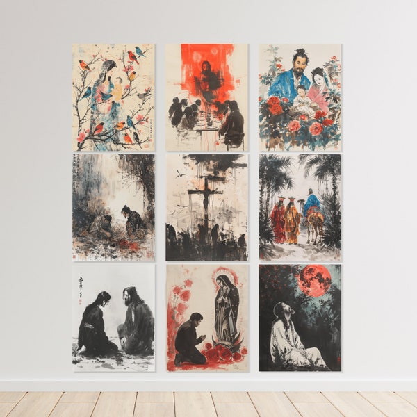 Set of 9 Chinese Christianity Posters Qi Baishi Whimsical Style, Asian Jesus Christ Bible Scene Printable Artwork, Biblical Narrative Murals