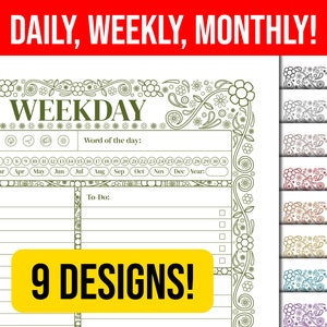 Planificador imprimible Floral Linework / Planificador tamaño carta personalizable / descarga instantánea de flores planificador mensual semanal diario / PDF