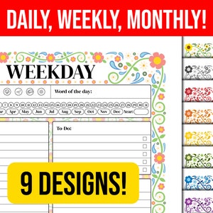 Planificador imprimible floral vibrante / Planificador tamaño carta personalizable / descarga instantánea de flores planificador mensual semanal diario / PDF