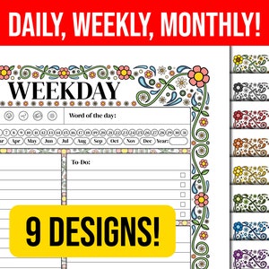 Planificador imprimible floral clásico / Planificador tamaño carta personalizable / descarga instantánea de flores planificador mensual semanal diario / PDF