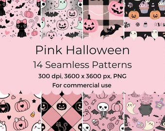 Papel digital rosa de Halloween / Lindos patrones sin costuras / Fondos pastel de Halloween / Papel de álbum de recortes espeluznante / Uso comercial