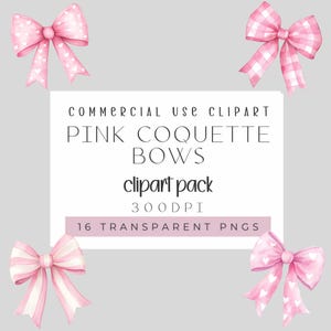 Pink Coquette Bow Clipart | 16 Watercolor PNGs | Pastel Bows | Transparent Bow Clipart | Girly Digital Download | Commercial Use