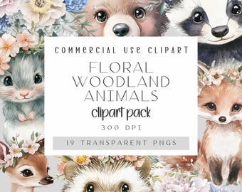 Lot de cliparts floraux animaux de la forêt | 19 images PNG avec de jolis animaux de la forêt pour faire du bricolage et des invitations | Téléchargement numérique