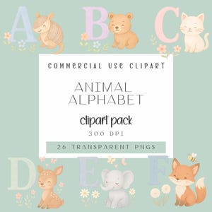 Animal Alphabet Clipart Bundle l 26 Cute Pastel Watercolor Letters with Animals l PNG Files  l Nursery Art l Commercial Use