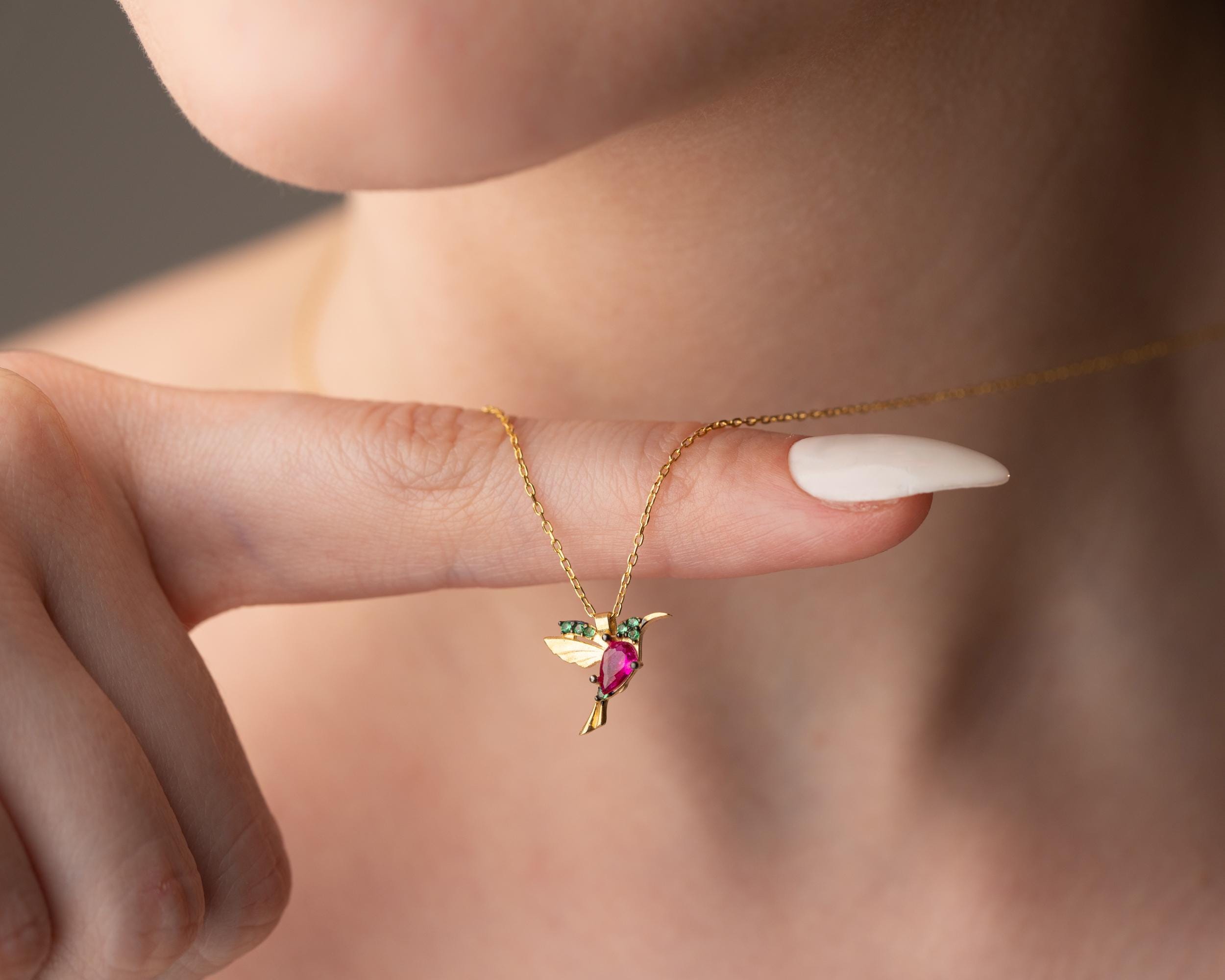 LONAGO Collana Con Ciondolo Colibrì In Argento 925 E Pietra Portafortuna - Gioiello Donna Con Catena 45 Cm + 5 Cm, Regalo In Scatola Elegante