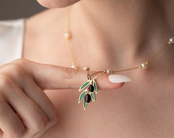 Stained Glass Olive Branch Necklace: Sterling Silver & Freshwater Pearl