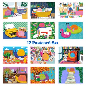 May include: A collection of 12 illustrated postcards showcasing snails in different scenarios. The images include snails in a bath, writing, and on a flamingo float. The postcards are labelled with the text "12 Postcard Set".