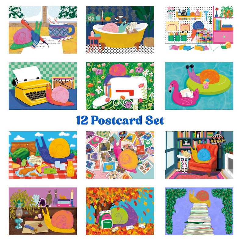 May include: A collection of 12 illustrated postcards showcasing snails in different scenarios. The images include snails in a bath, writing, and on a flamingo float. The postcards are labelled with the text "12 Postcard Set".